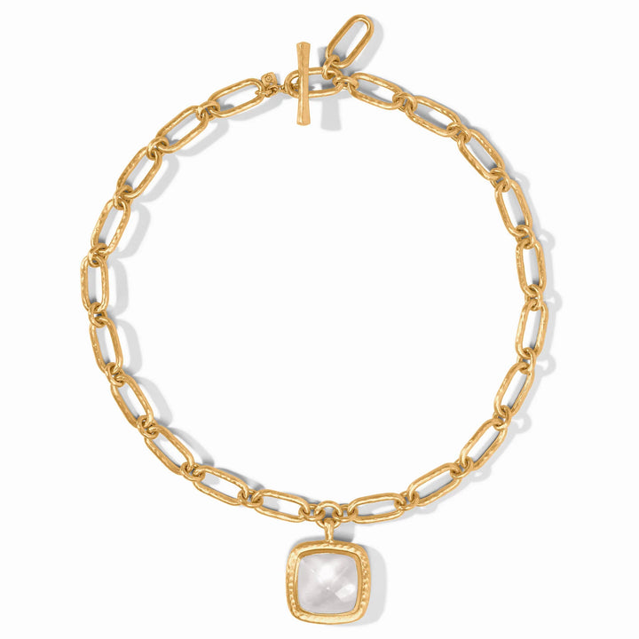 Full view of Sahara Statement Necklace with clear crystal pendant and textured gold chain