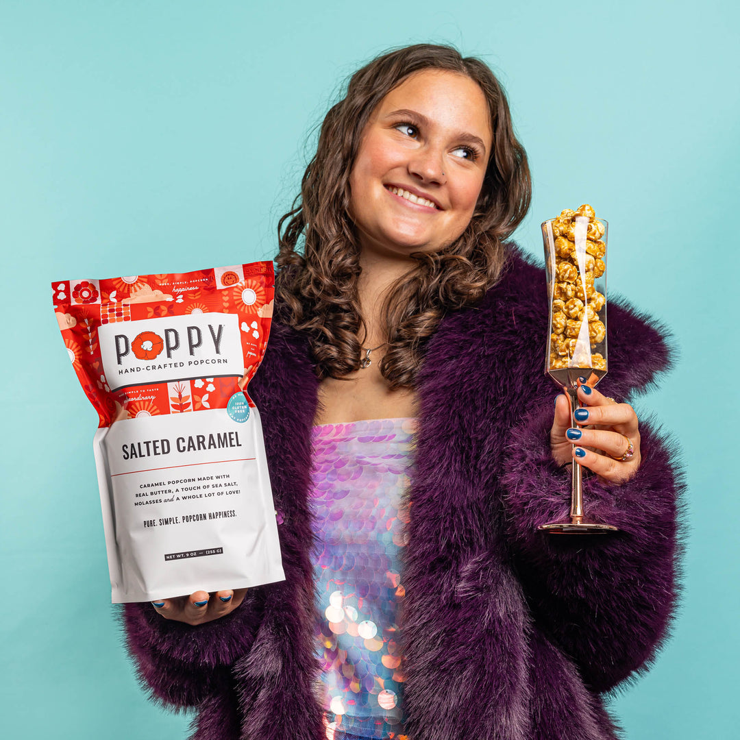 Poppy Salted Caramel Hand-Crafted Popcorn with caramel popcorn served in a festive glass