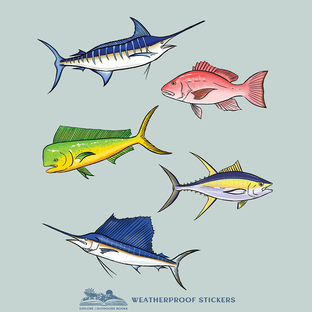 Saltwater weatherproof sticker sheet featuring colorful illustrated marlin, red snapper, mahi mahi, yellowfin tuna and sailfish designs.