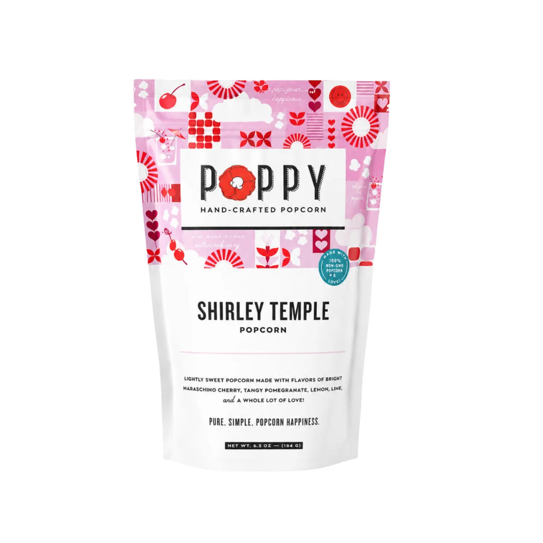 Poppy Shirley Temple Hand-Crafted Popcorn in pink and red packaging