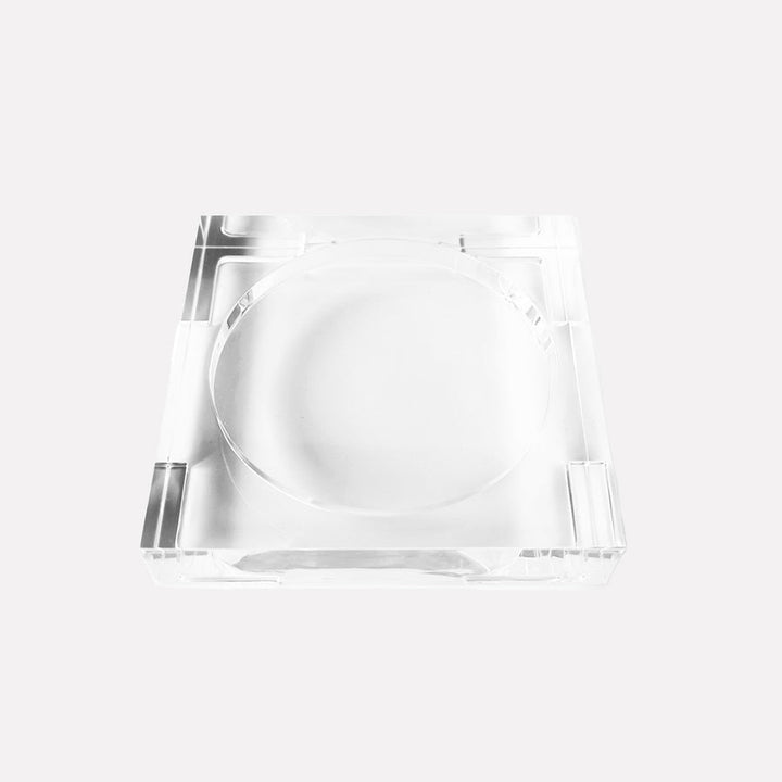 Small clear lucite square tray with a circular recessed center designed for displaying a candle, soap dispenser, or decorative accessory.