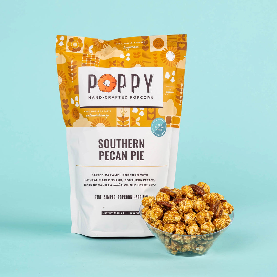 Poppy Southern Pecan Pie Hand-Crafted Popcorn with a bowl of caramel popcorn and pecans