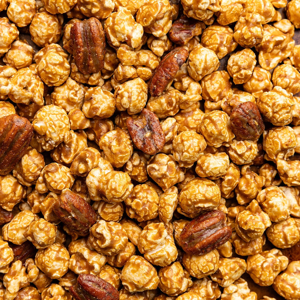 Close-up of Southern Pecan Pie caramel popcorn mixed with roasted pecans