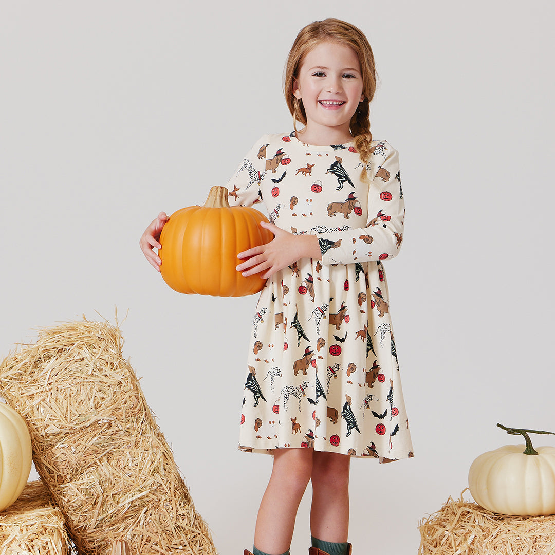 Girls Organic Long Sleeve Steph Dress - Spooky Dogs