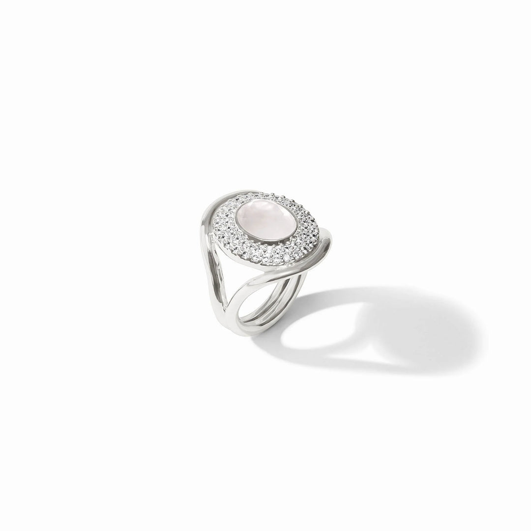 Silver-tone Stardust Statement Ring with iridescent center stone and clear crystal accents