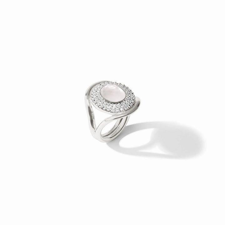 Silver-tone Stardust Statement Ring with iridescent center stone and clear crystal accents