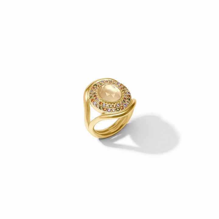 Iridescent champagne Stardust Statement Ring with multicolor crystals shown standing upright
