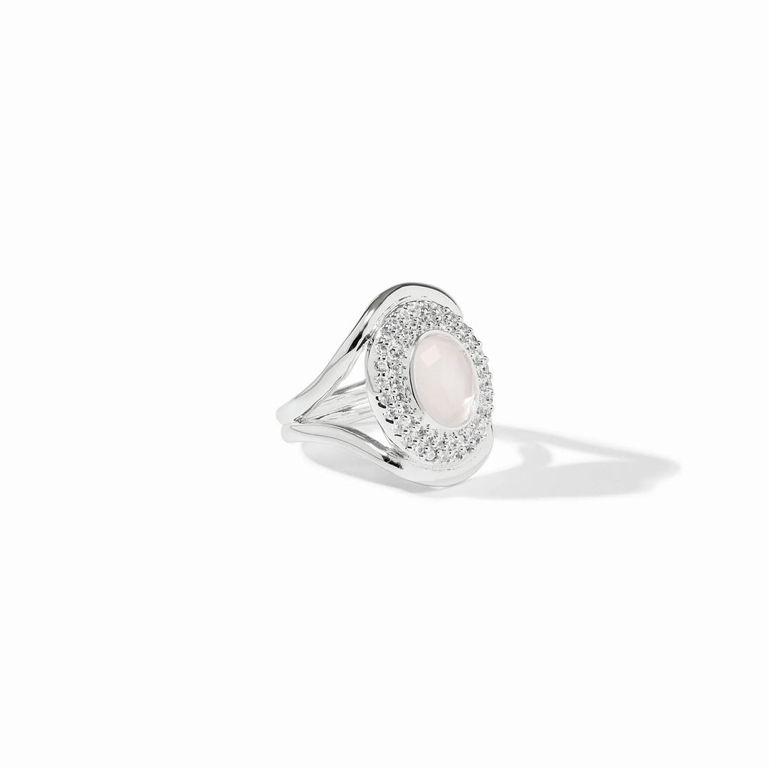 Stardust Statement Ring with iridescent center stone and clear crystals in silver-tone setting