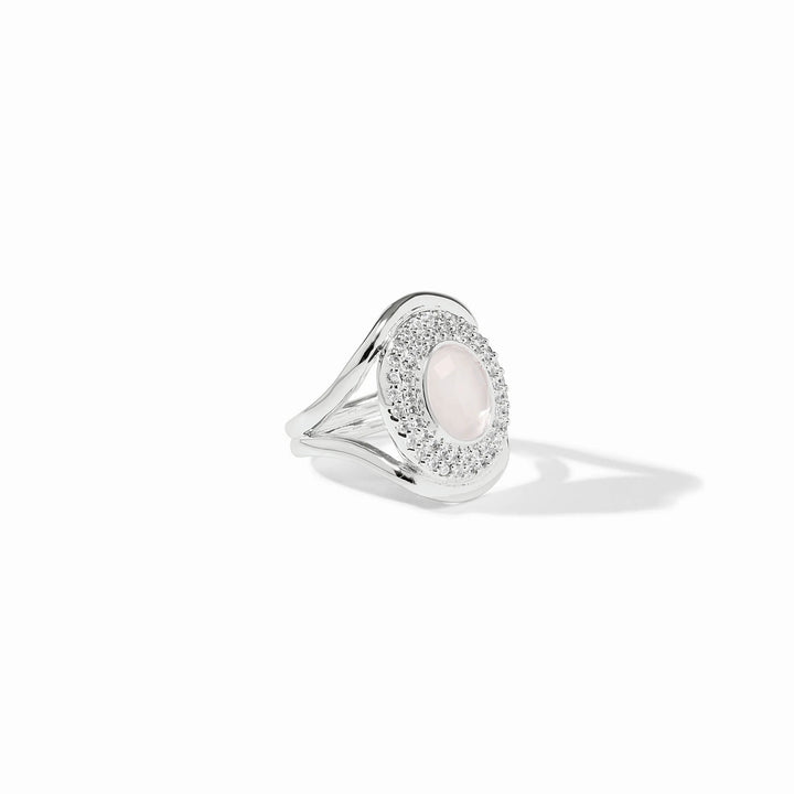 Stardust Statement Ring with iridescent center stone and clear crystals in silver-tone setting