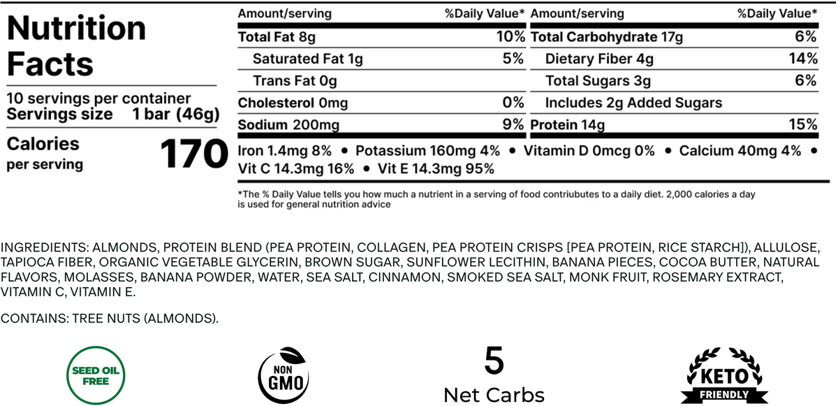 Nutrition facts and ingredients for Stars + Honey Banana Spice Rum Cake collagen protein bar