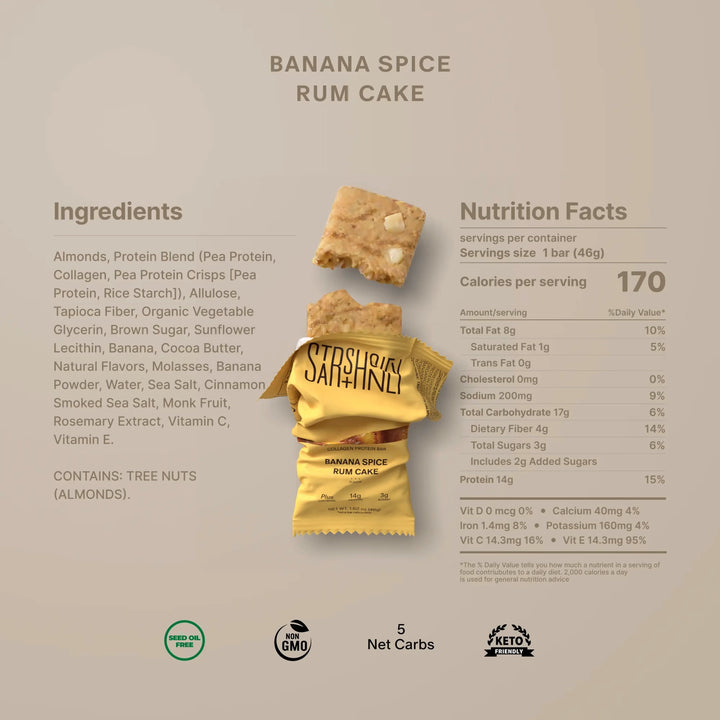 Nutrition facts and ingredients for Stars + Honey Banana Spice Rum Cake collagen protein bar