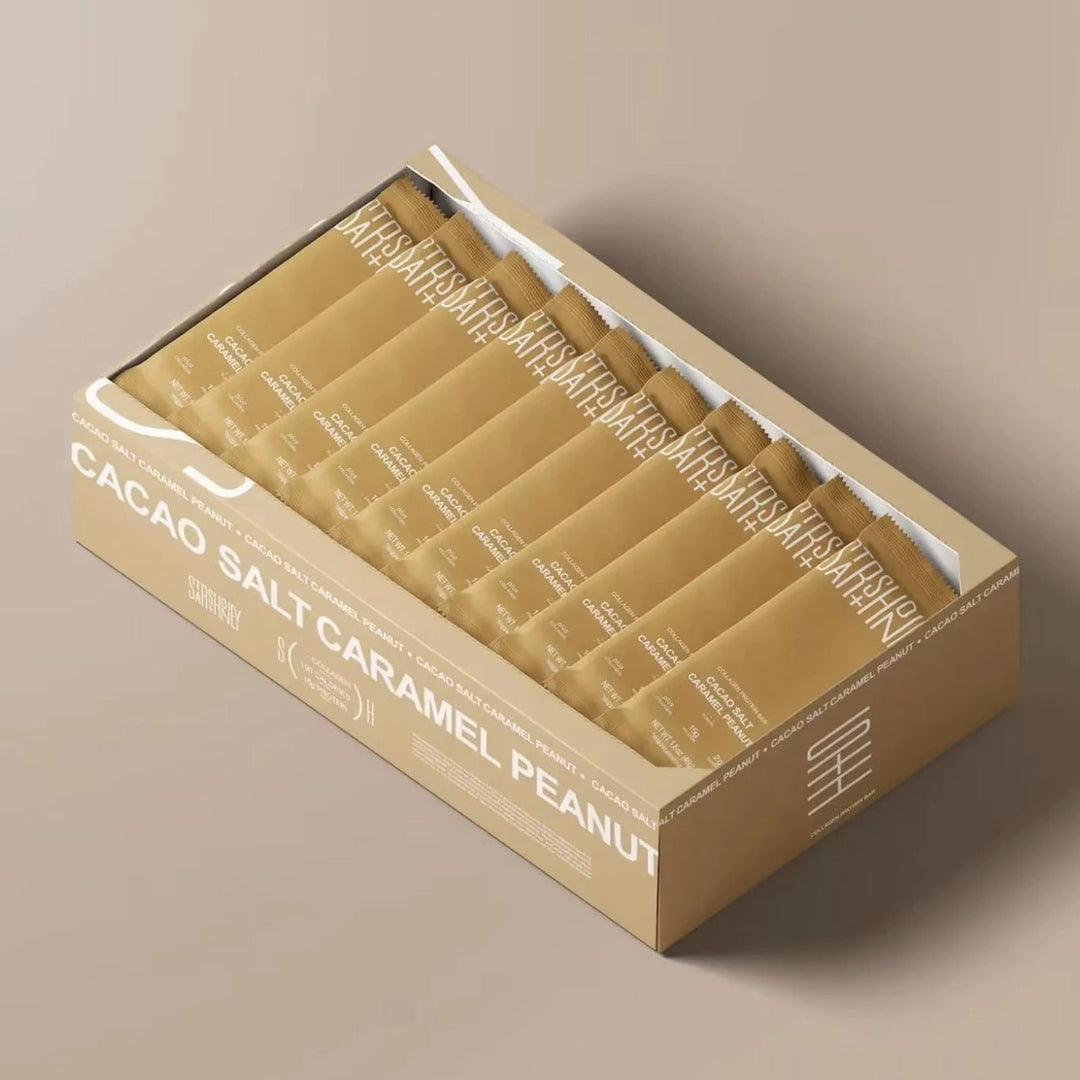 Stars + Honey Cacao Salt Caramel Peanut open display box with individually wrapped protein bars