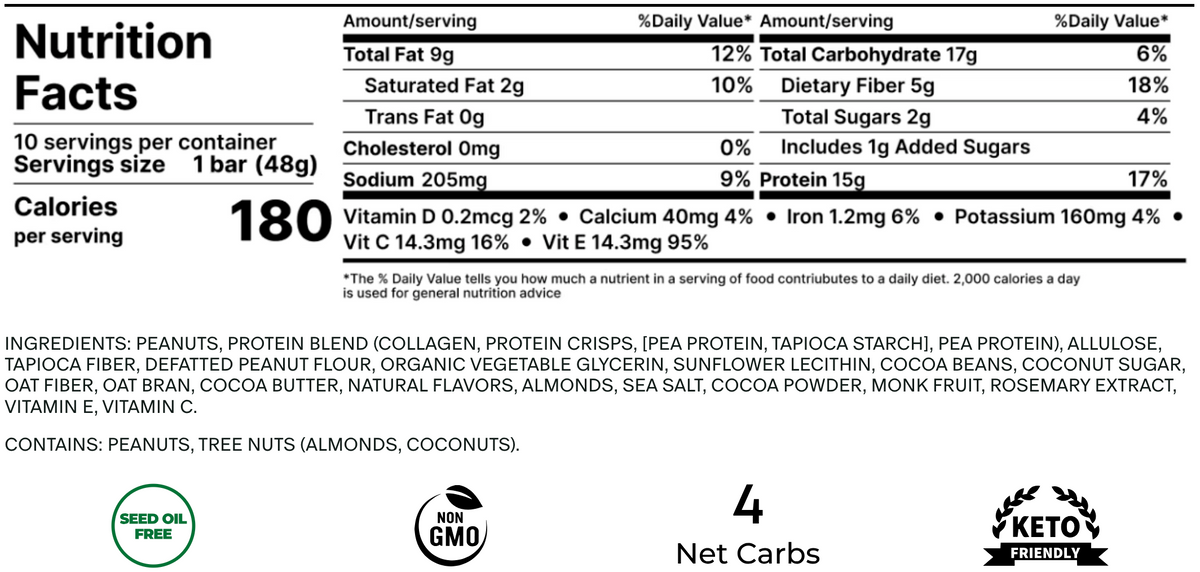 Stars + Honey Cacao Salt Caramel Peanut collagen protein bar nutrition facts and ingredients