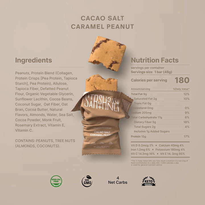 Stars + Honey Cacao Salt Caramel Peanut collagen protein bar nutrition facts and ingredients