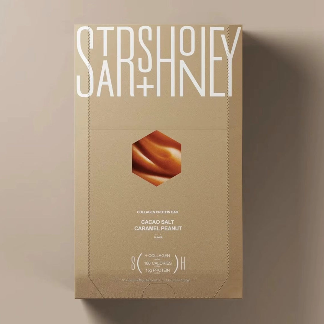 Stars + Honey Cacao Salt Caramel Peanut collagen protein bar box