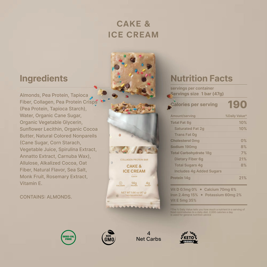 Stars + Honey Cake &amp; Ice Cream collagen protein bar nutrition facts and ingredients