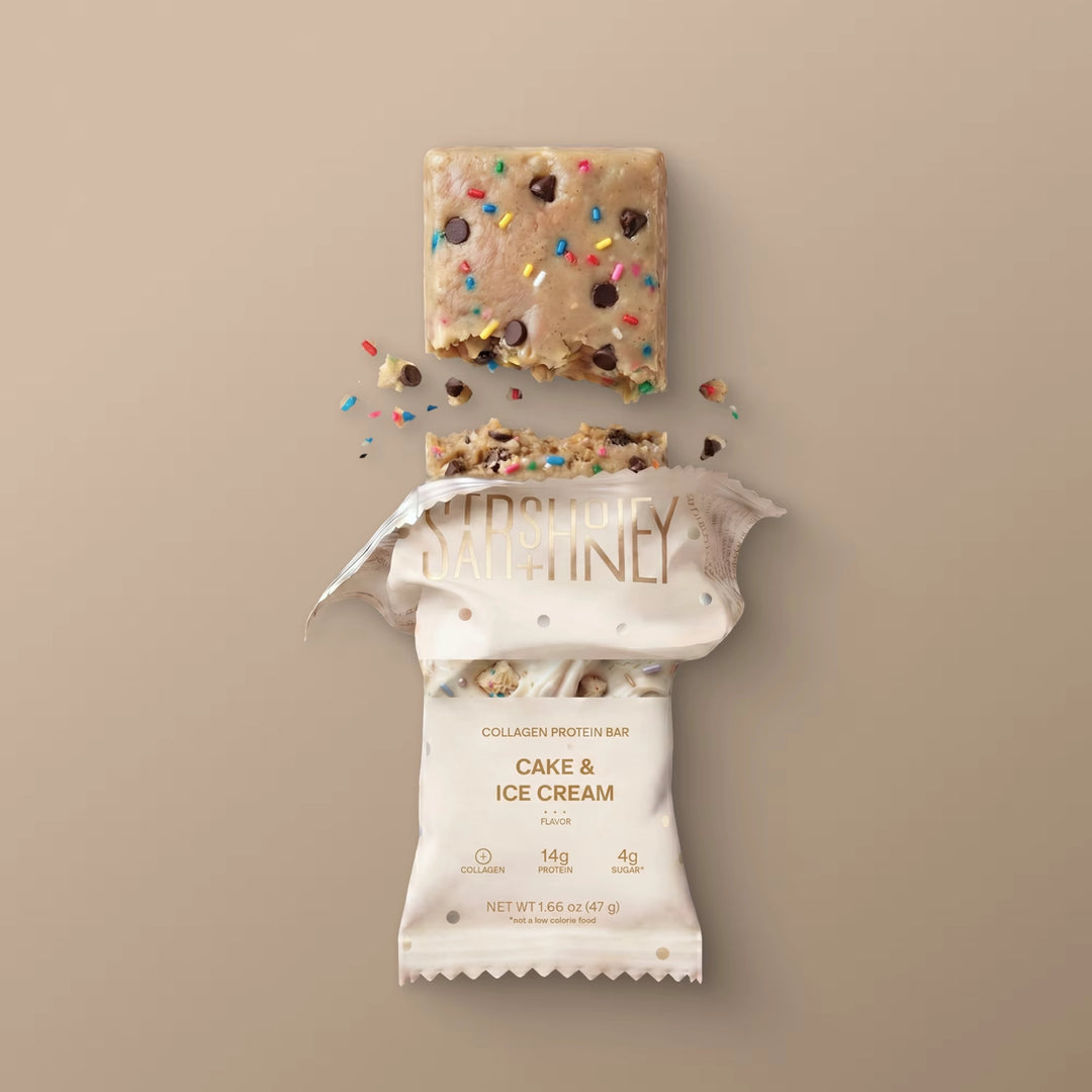 Stars + Honey Cake &amp; Ice Cream collagen protein bar shown inside open wrapper