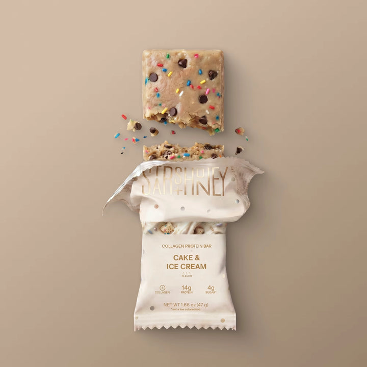 Stars + Honey Cake &amp; Ice Cream collagen protein bar shown inside open wrapper