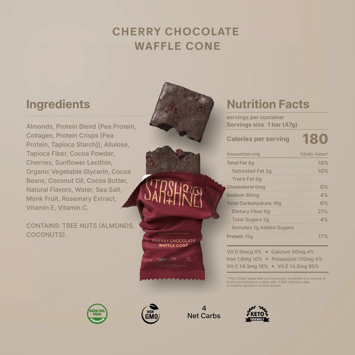 Nutrition facts and ingredients for Stars + Honey Cherry Chocolate Waffle Cone collagen protein bar