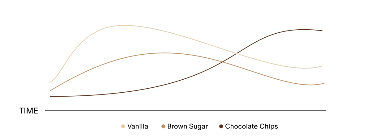 Flavor profile graph for Stars + Honey Chocolate Chip Cookie Dough showing brown sugar, vanilla and chocolate flavors over time
