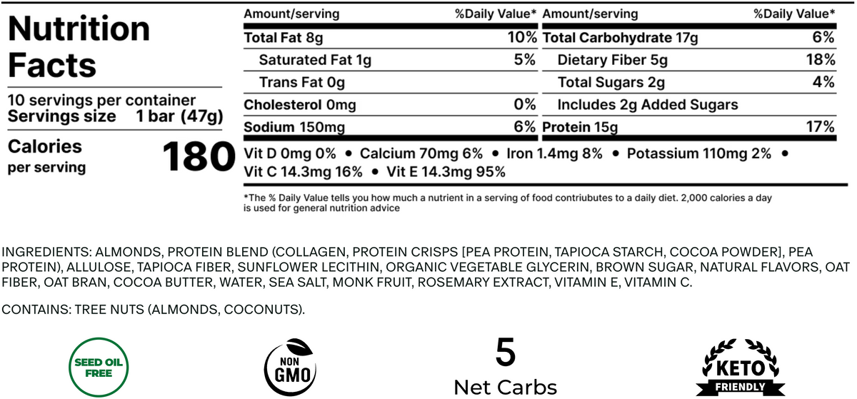 Nutrition facts and ingredients for Stars + Honey Chocolate Chip Cookie Dough collagen protein bar