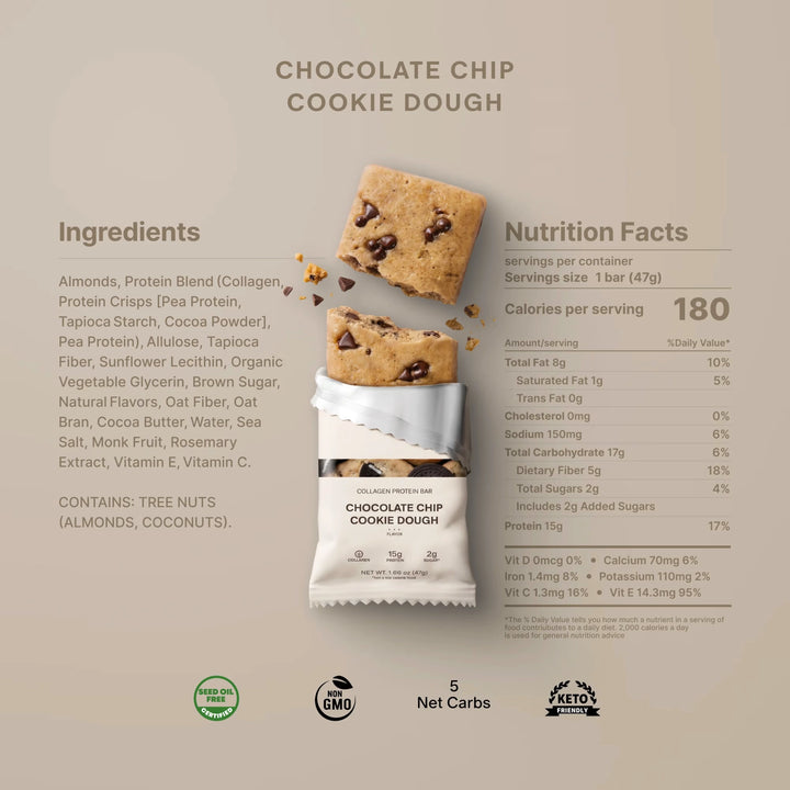 Nutrition facts and ingredients for Stars + Honey Chocolate Chip Cookie Dough collagen protein bar