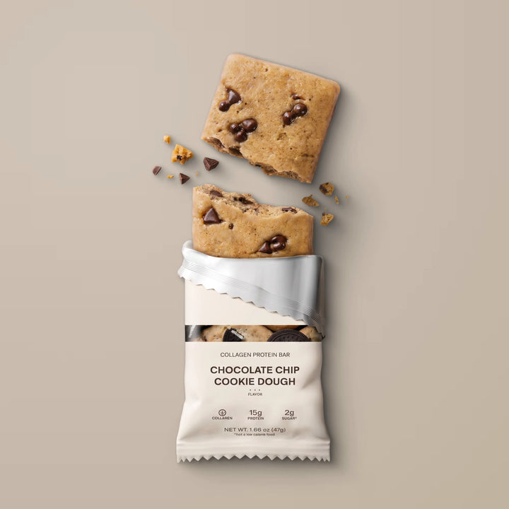 Stars + Honey Chocolate Chip Cookie Dough collagen protein bar shown inside open wrapper