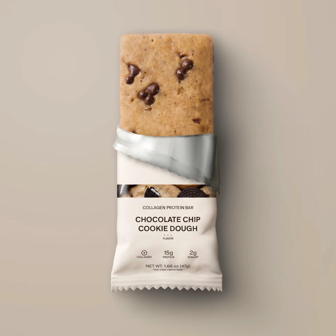Stars + Honey Chocolate Chip Cookie Dough collagen protein bar partially unwrapped