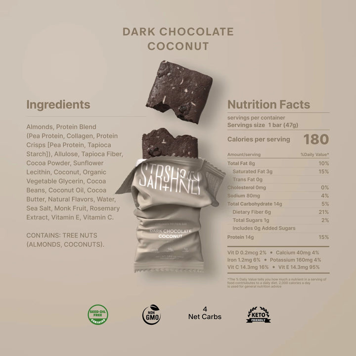Nutrition facts and ingredients for Stars + Honey Dark Chocolate Coconut collagen protein bar