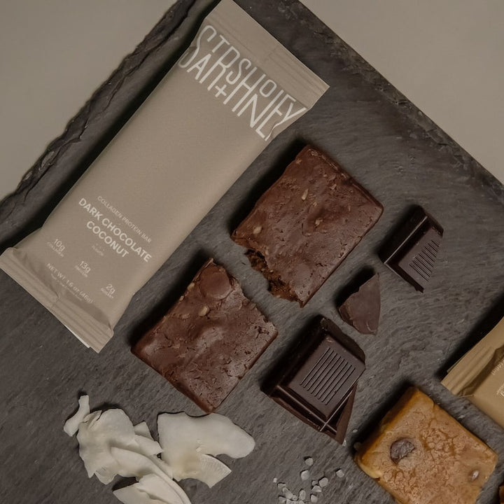 Open box of Stars + Honey Dark Chocolate Coconut collagen protein bars