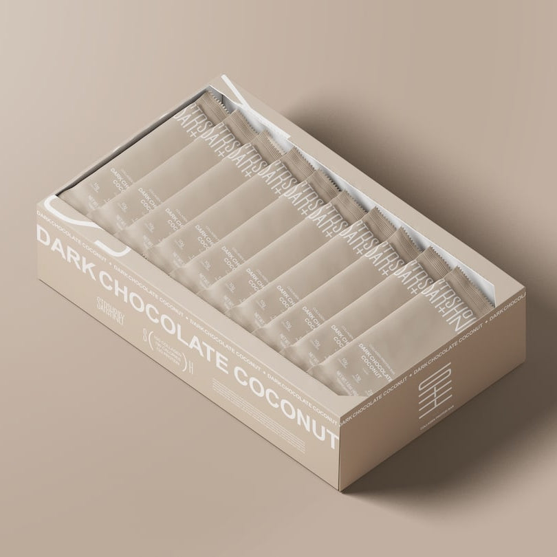 Stars + Honey Dark Chocolate Coconut collagen protein bar box packaging