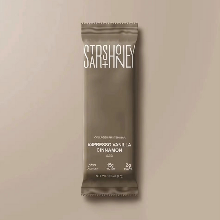 Stars + Honey Espresso Vanilla Cinnamon collagen protein bar in brown wrapper