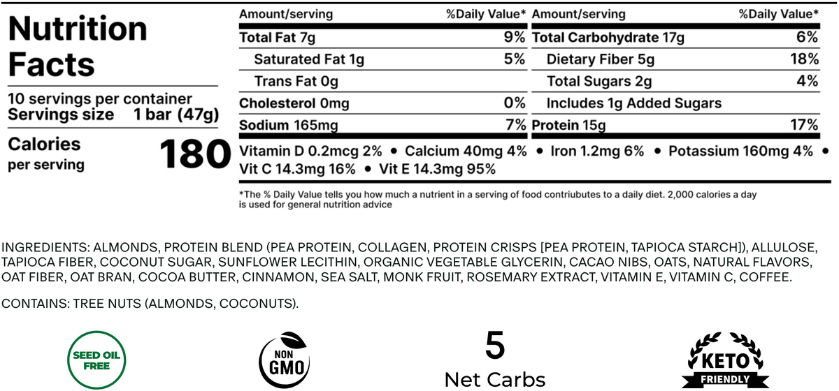 Nutrition facts and ingredients for Stars + Honey Espresso Vanilla Cinnamon collagen protein bar