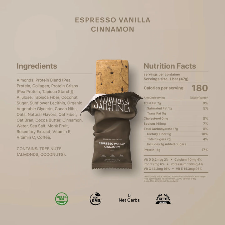 Nutrition facts and ingredients for Stars + Honey Espresso Vanilla Cinnamon collagen protein bar