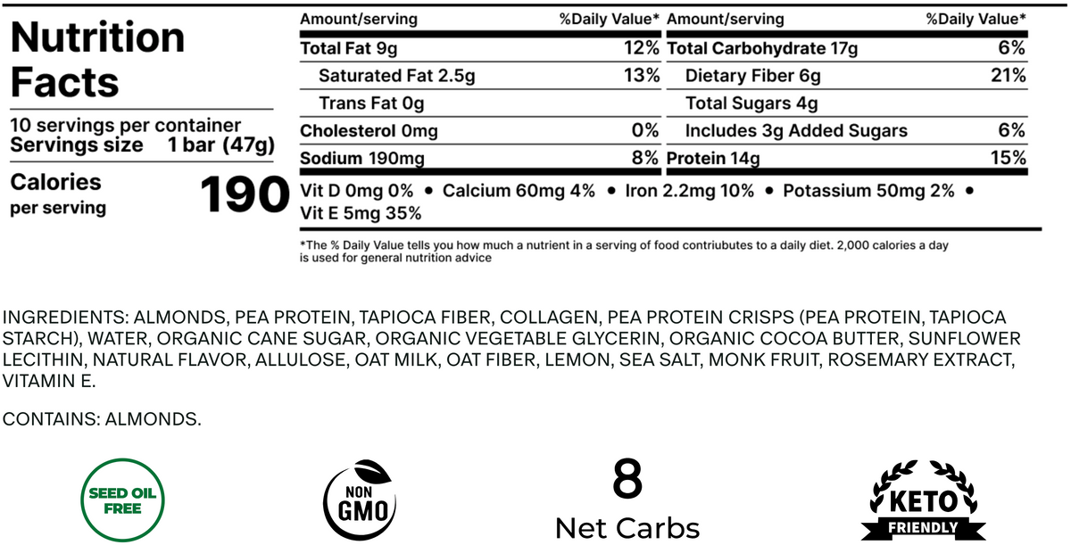 Nutrition facts and ingredients for Stars + Honey Iced Lemon Cookie collagen protein bar