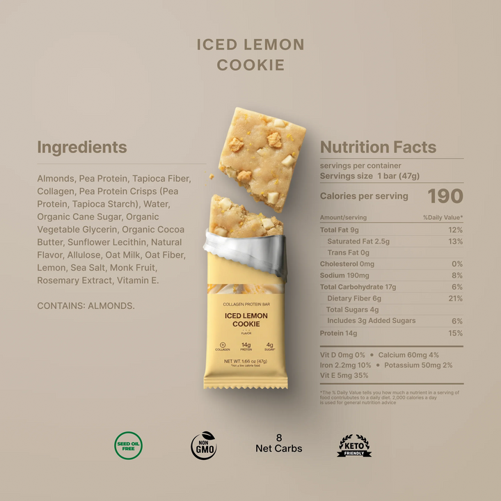 Nutrition facts and ingredients for Stars + Honey Iced Lemon Cookie collagen protein bar