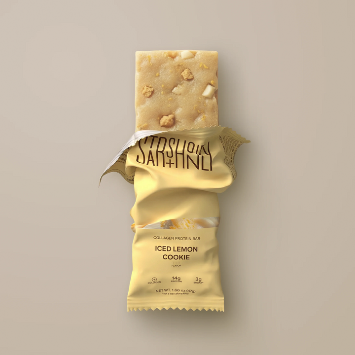 Stars + Honey Iced Lemon Cookie collagen protein bar shown inside open wrapper