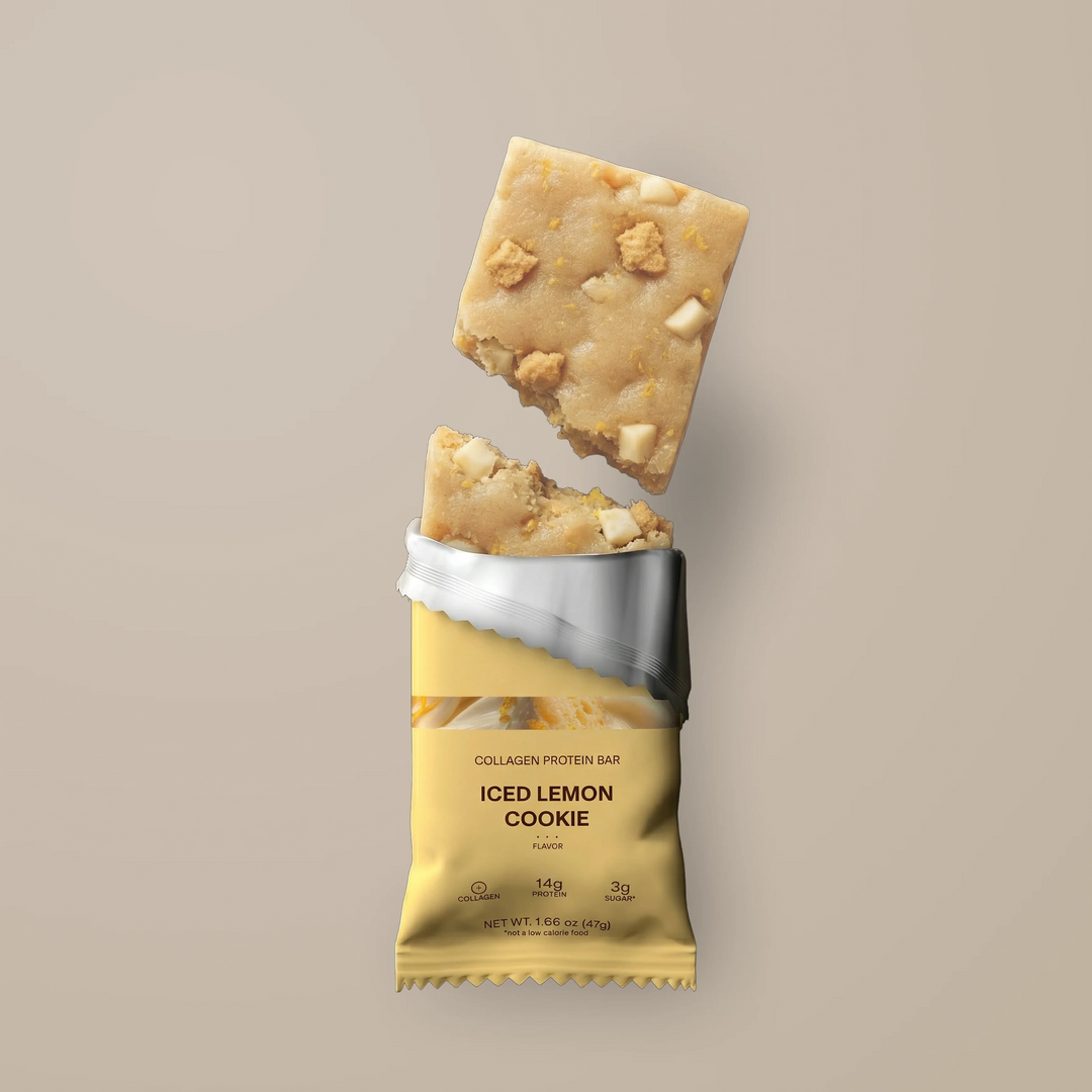 Stars + Honey Iced Lemon Cookie collagen protein bar partially unwrapped