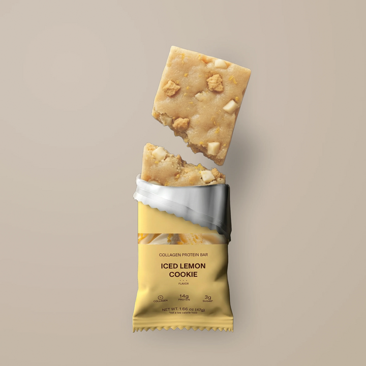 Stars + Honey Iced Lemon Cookie collagen protein bar partially unwrapped
