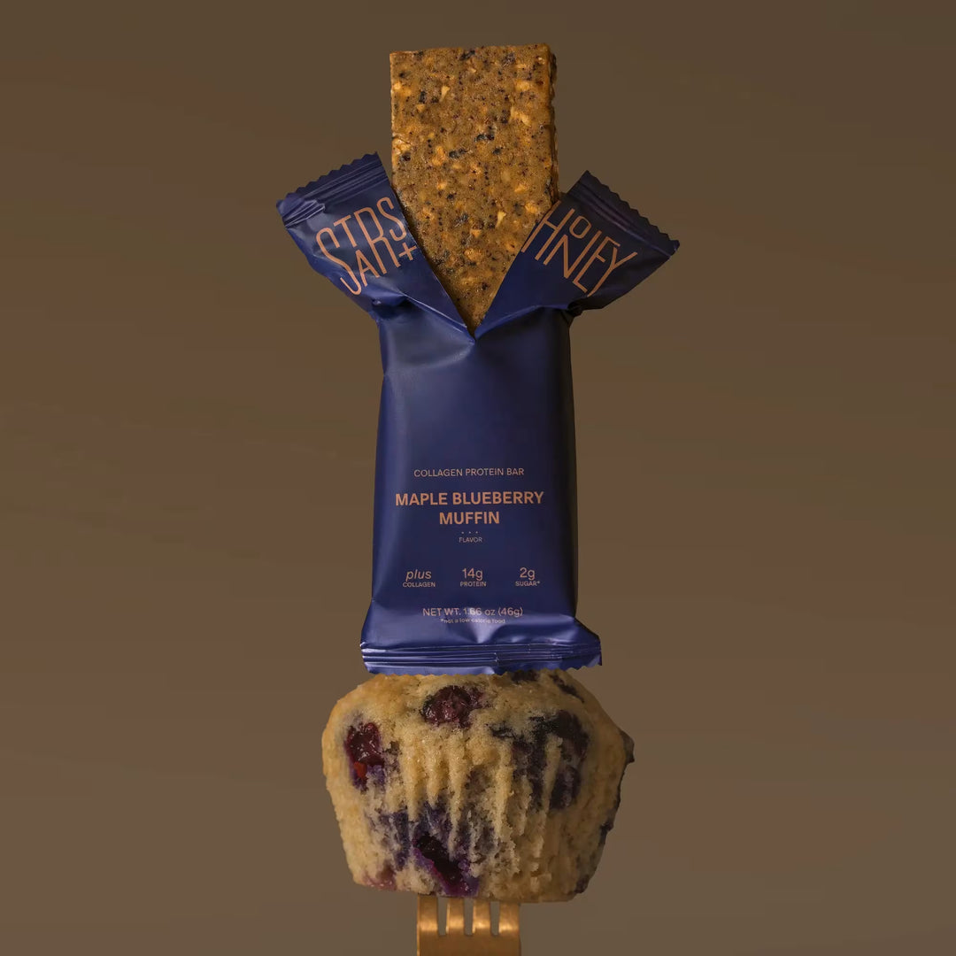 Stars + Honey Maple Blueberry Muffin collagen protein bar pieces with blue package