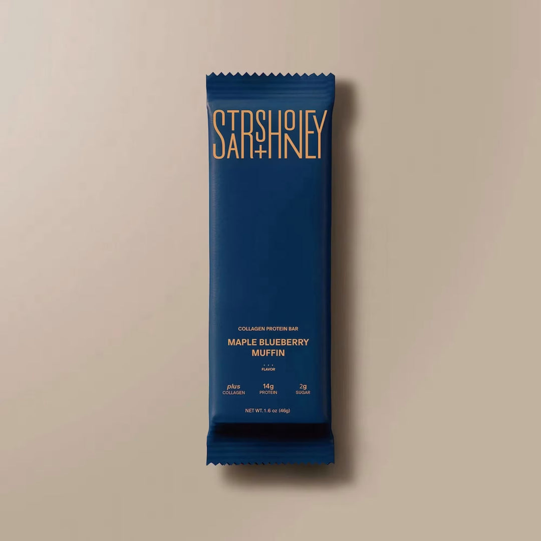 Stars + Honey Maple Blueberry Muffin collagen protein bar in blue wrapper