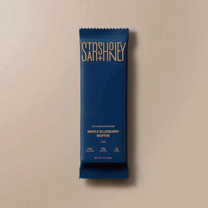 Stars + Honey Maple Blueberry Muffin collagen protein bar in blue wrapper