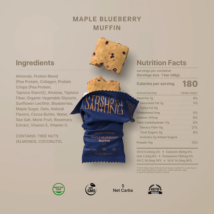 Nutrition facts and ingredients for Stars + Honey Maple Blueberry Muffin collagen protein bar
