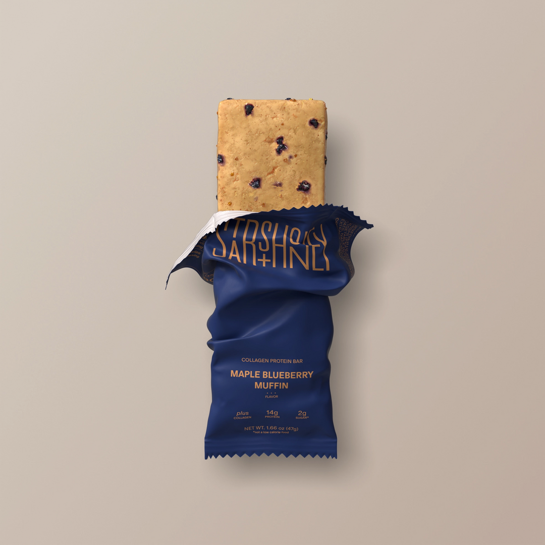 Stars + Honey Maple Blueberry Muffin collagen protein bar shown inside open wrapper