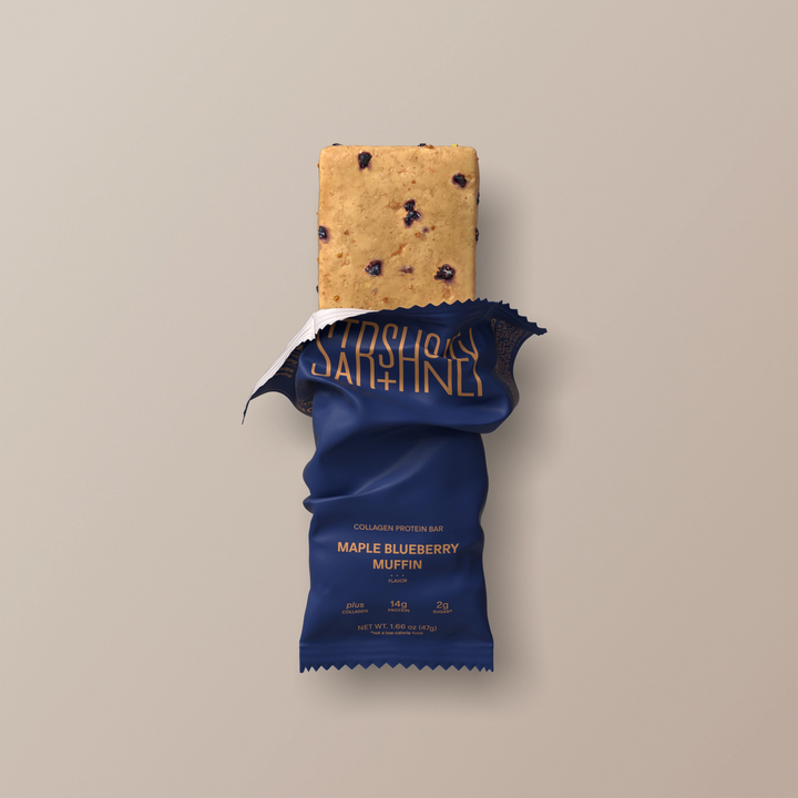 Stars + Honey Maple Blueberry Muffin collagen protein bar shown inside open wrapper
