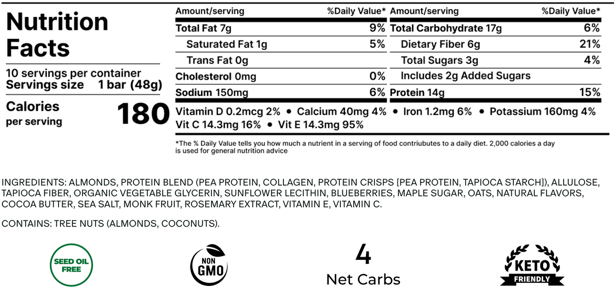 Nutrition facts and ingredients for Stars + Honey Maple Blueberry Muffin collagen protein bar