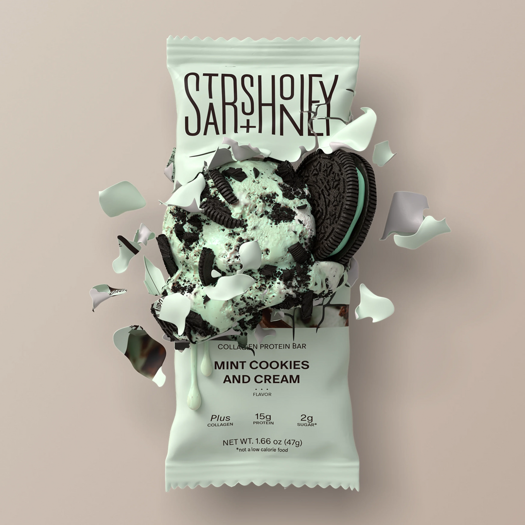 Stars + Honey Mint Cookies and Cream protein bar styled with mint cream and chocolate cookies