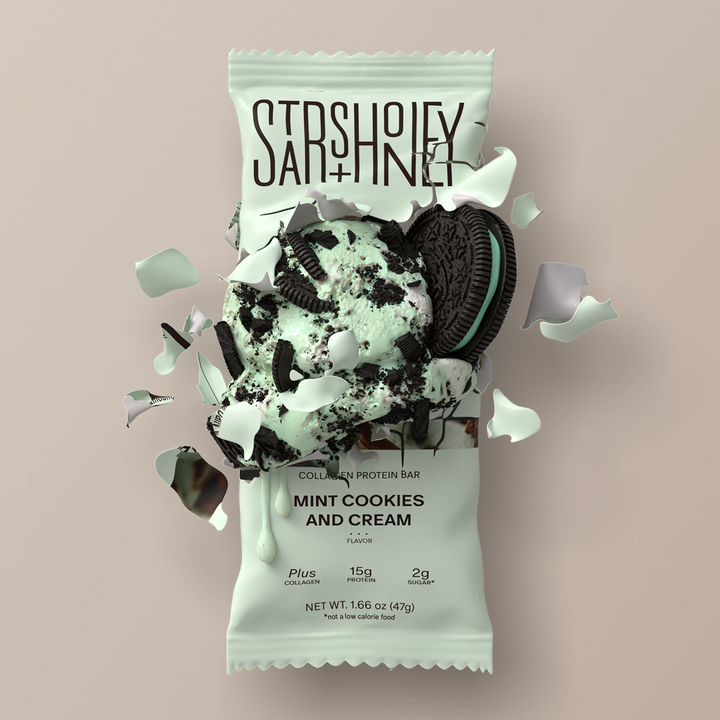Stars + Honey Mint Cookies and Cream protein bar styled with mint cream and chocolate cookies