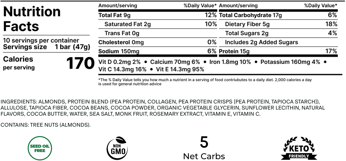 Nutrition facts and ingredients for Stars + Honey Mint Cookies and Cream collagen protein bar
