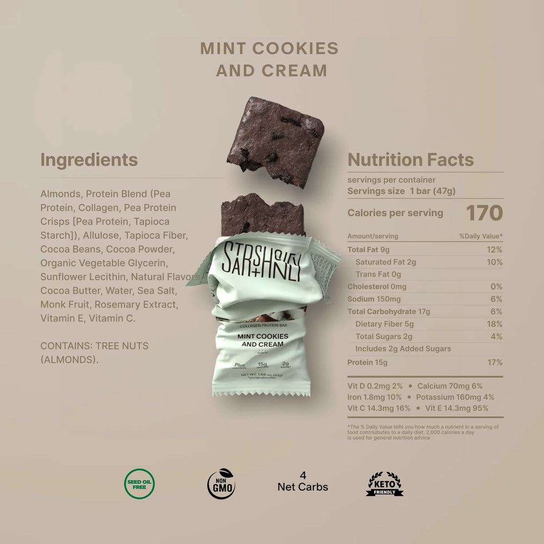 Nutrition facts and ingredients for Stars + Honey Mint Cookies and Cream collagen protein bar